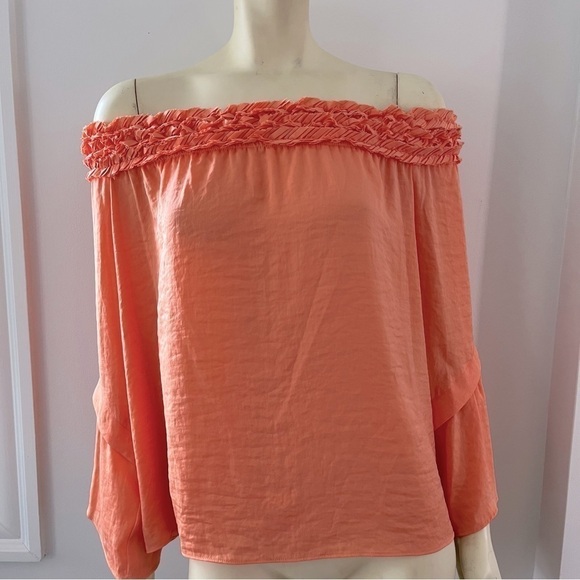 Nwt Vince Camuto WOMEN'S BELL SLEEVE Off Shoulder Flowy Blouse ORANGE BLOSSOM L - Picture 1 of 14